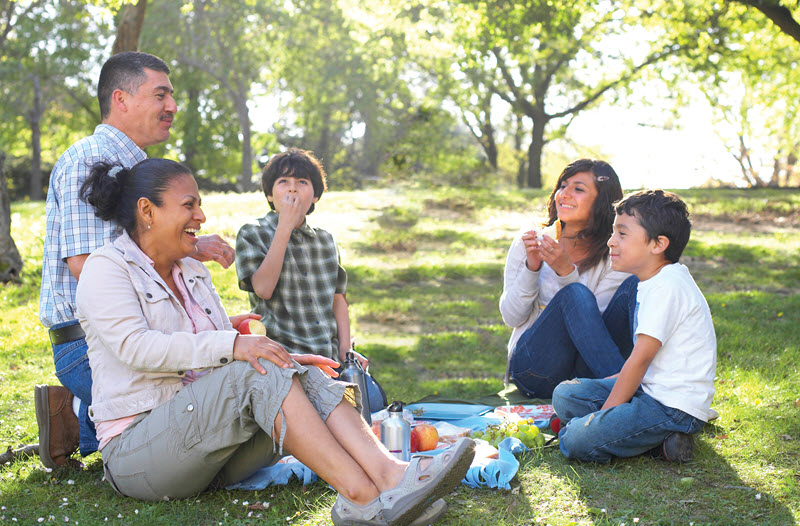 Family eating a picnic in park