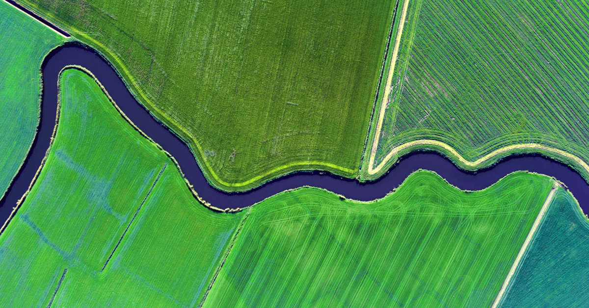 river flowing between fields of green