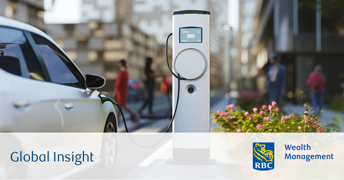 Global insight cover image with a car at an electric charging station