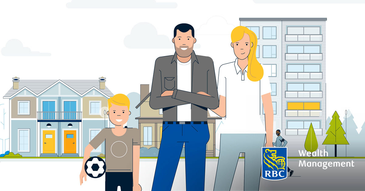 Drawing of man and woman and child with a soccer ball standing outdoors in front of housing.