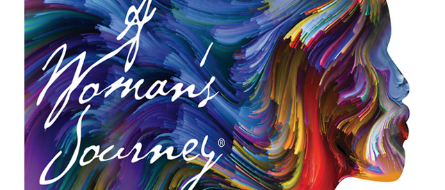 A Woman's Journey in cursive, overlayed on a silhouette of a woman's face, filled with colorful strands, flowing off the picture's edge