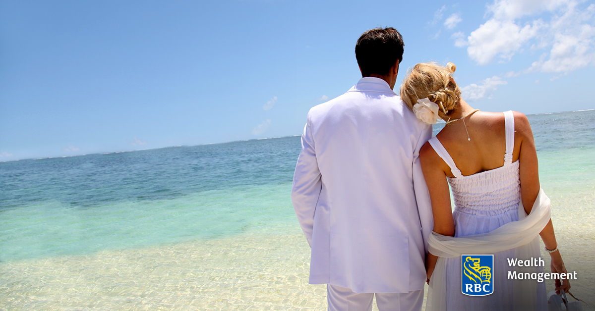 Bride and groom on beach