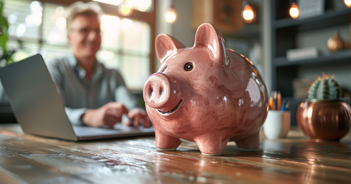 Piggybank sitting on a table next to a computer.