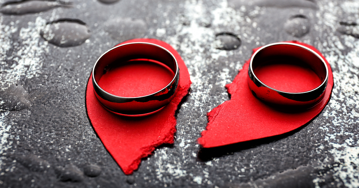 Broken heart with wedding rings.