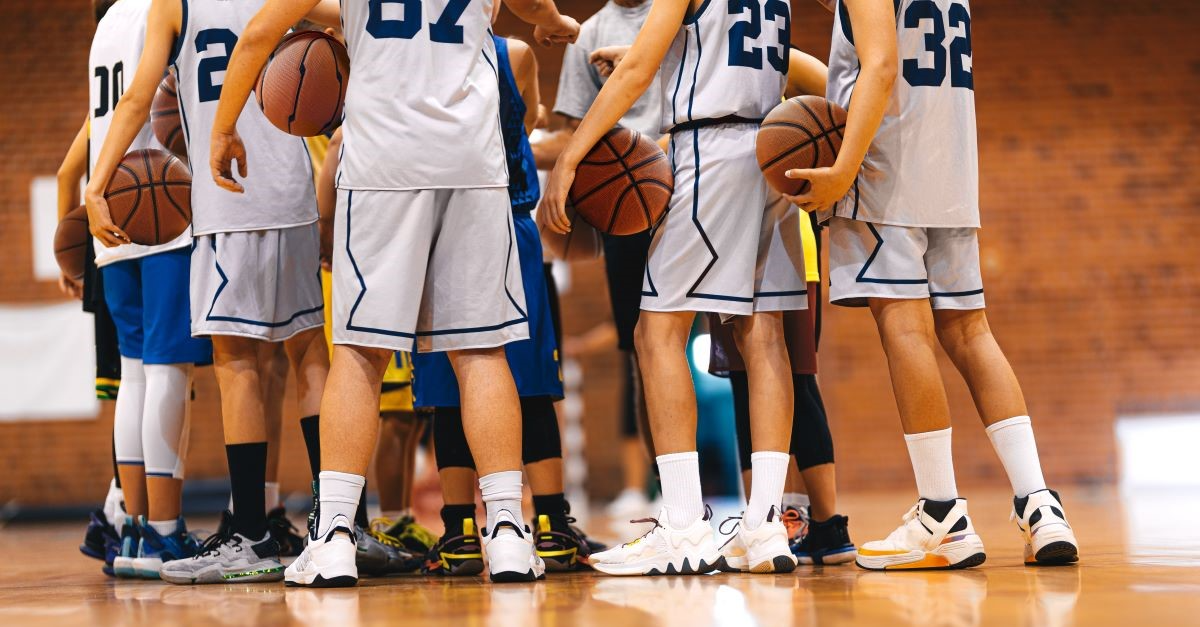 Basketball on court.