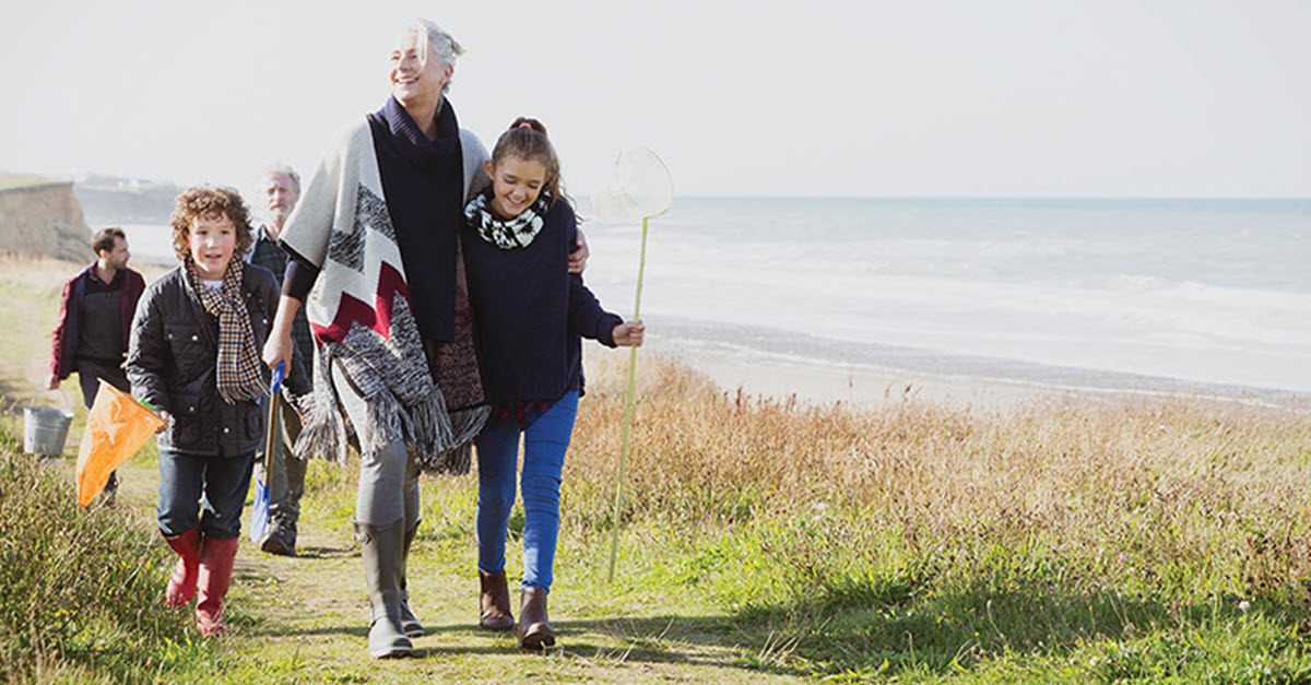Multi generational family walking along the beach