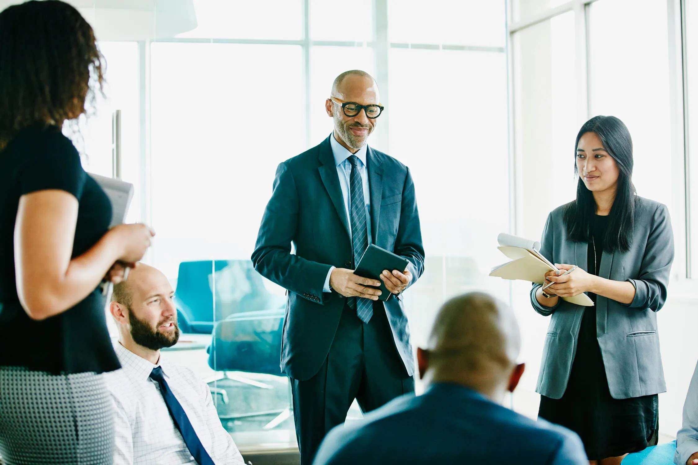 corporate executives talking