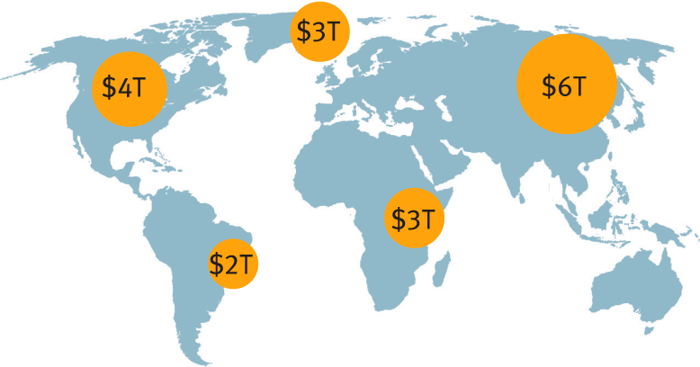 Map showing global breakdown of cash and check payment flows by region